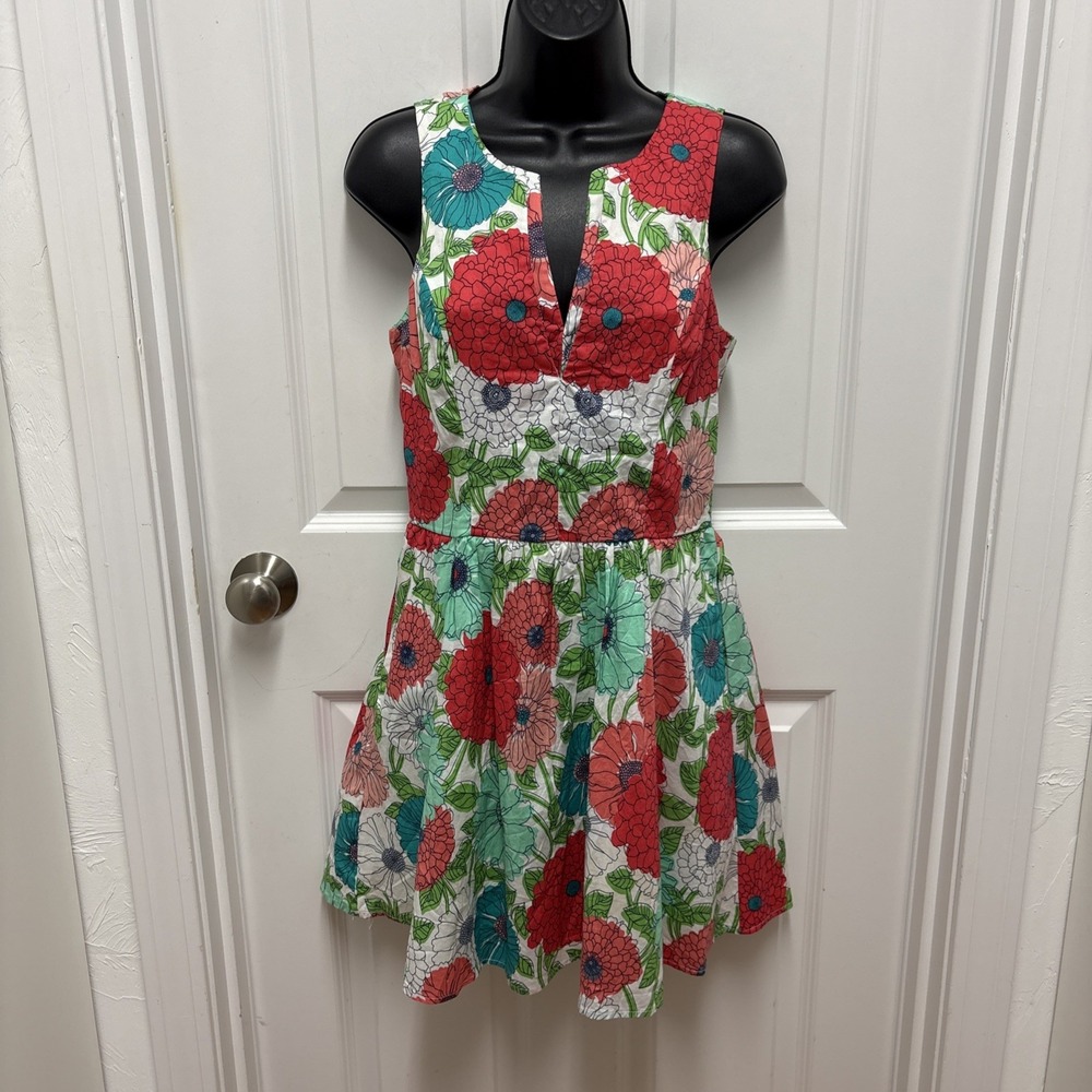 Sleeveless Fit And Flare Floral V-Neck Red Turquoise Mint Vintage  - Size Medium